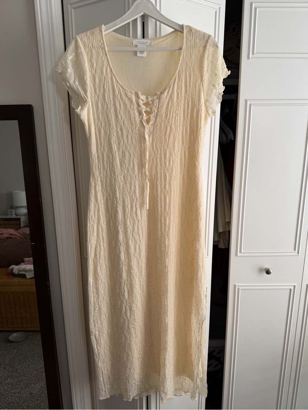 Lace-Detail Cream Midi Dress with Lace-Up Front